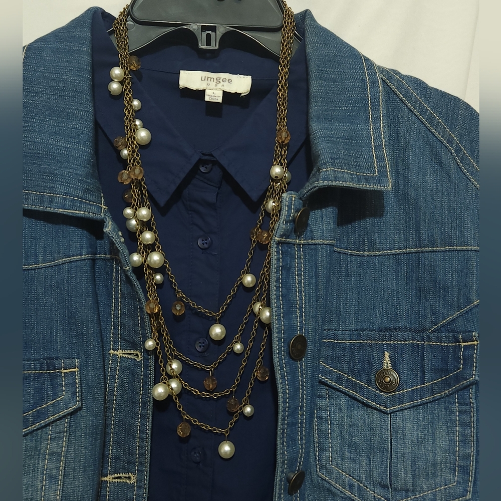 Paparazzi Necklace 4 Strand White Faux Pearl & Amber Bead Antique Gold Chain